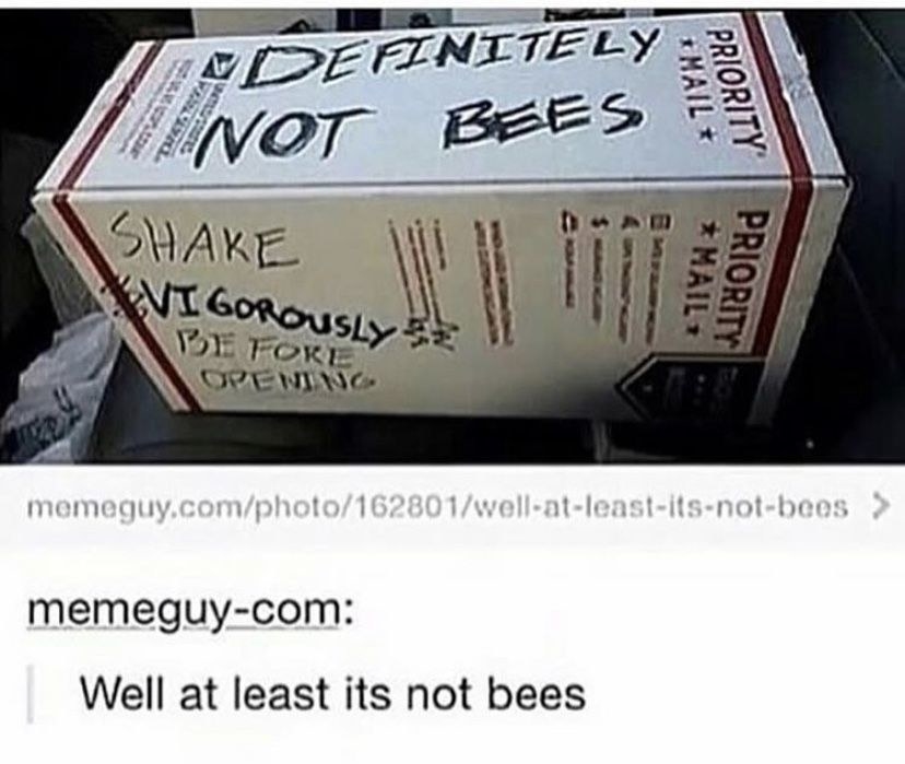 Priority Mail box with writing saying &quot;Definitely not bees,&quot; and someone responds &quot;Well at least it&#x27;s not bees&quot;