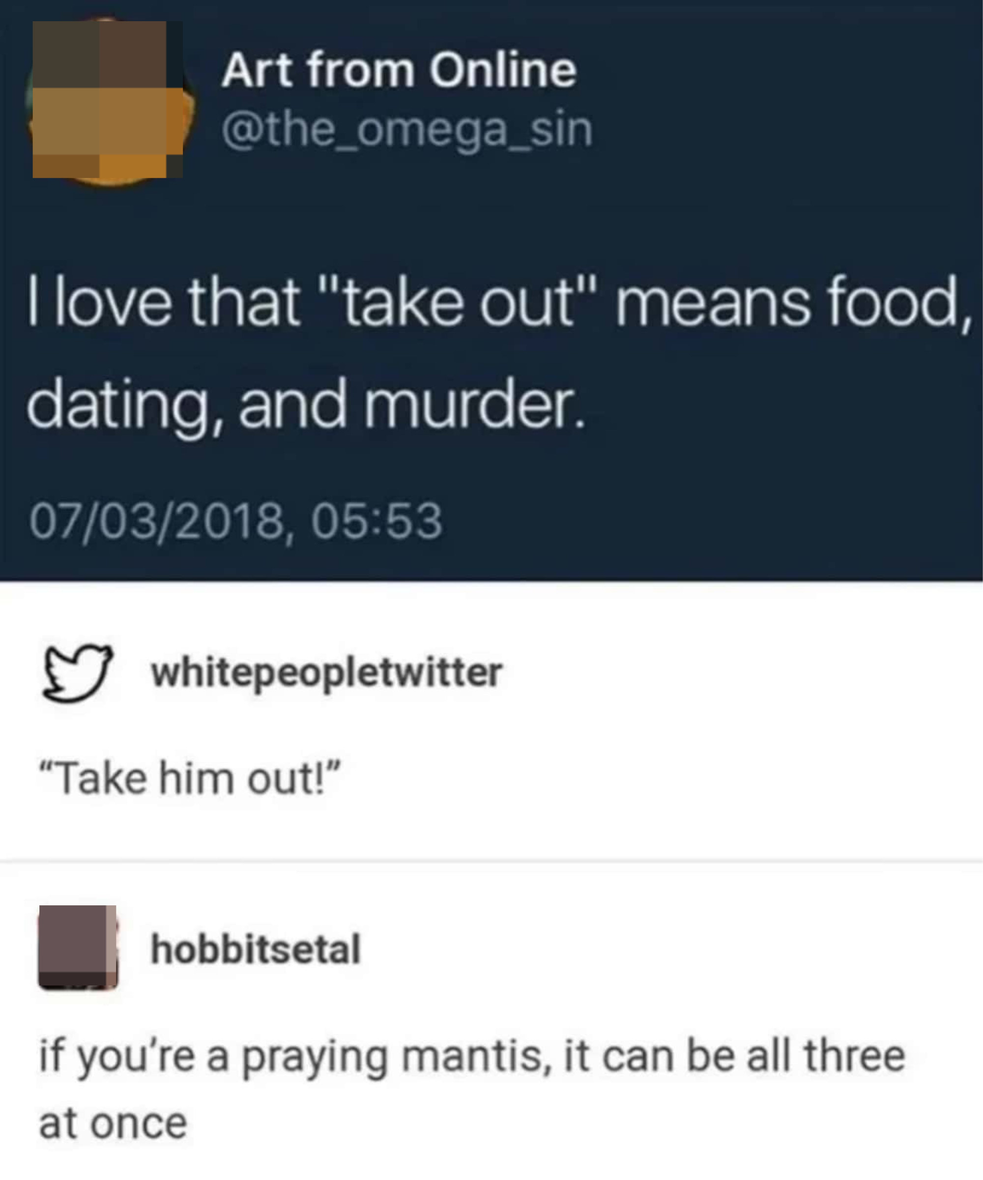 Someone points out that &quot;take out&quot; means food, dating, and murder, and someone says a praying mantis can make all three happen