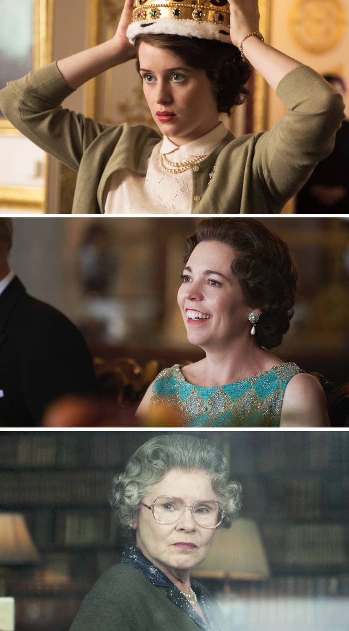 Queen Elizabeth II through the ages in various scenes from The Crown