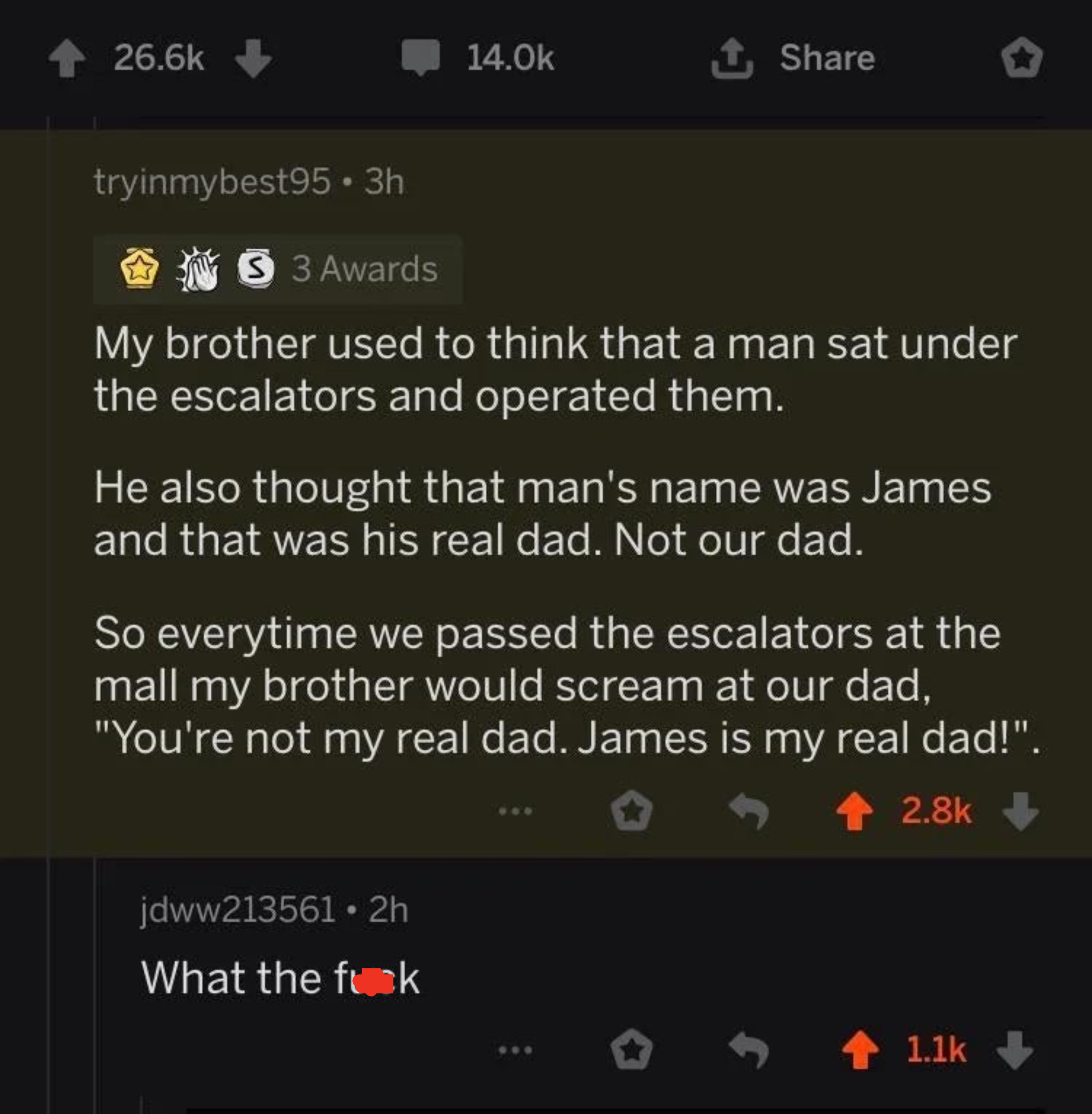 Someone tells a bizarre story about the man his brother thought operated escalators underneath them, and his brother thought he was their real father named James