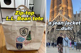 an L.L. bean zip-top tote; BuzzFeeder in a light wash denim coat