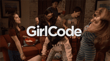 6 friends dancing around in their pajamas with the words &quot;GirlCode&quot; over it
