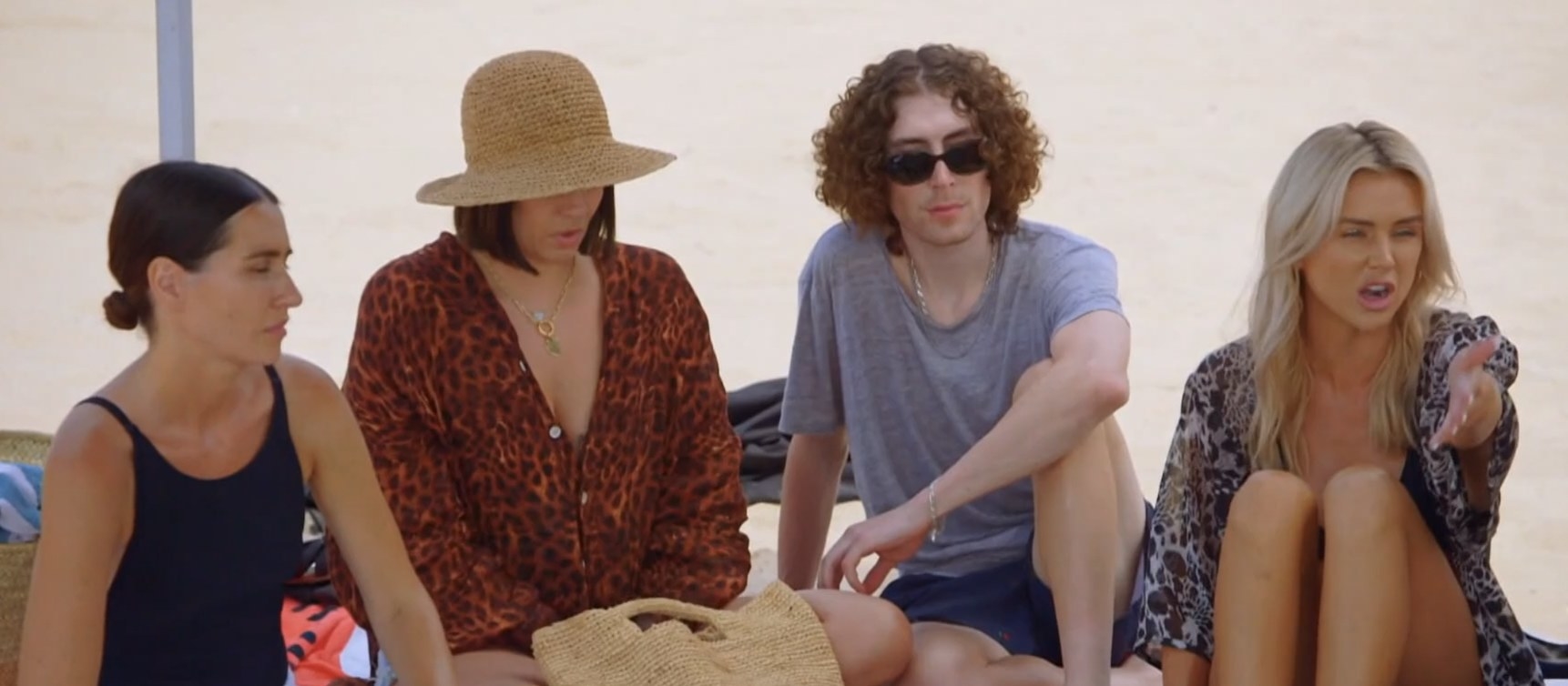 A group of people sitting on the beach