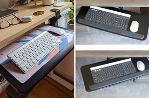 left: reviewer photo of keyboard tray with Mac keyboard. right: collage photos showing swivel keyboard tray