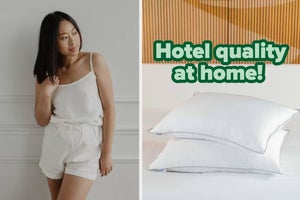 L: a model wearing a linen tank top and short, R: a stack of two pillows and text reading "Hotel quality at home!"
