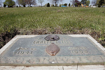A plaque marks the gravesite of Emmett Till at Burr Oak Cemetery