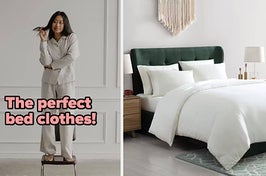 L: a model wearing a linen pajama set and text reading "The perfect bed clothes!", R: a bed made up with white sheets and a duvet with text reading "the perfect bedding!"
