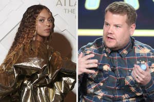 Beyonce looks over her shoulder as she poses for a photo vs James Corden speaks with his hands at an event