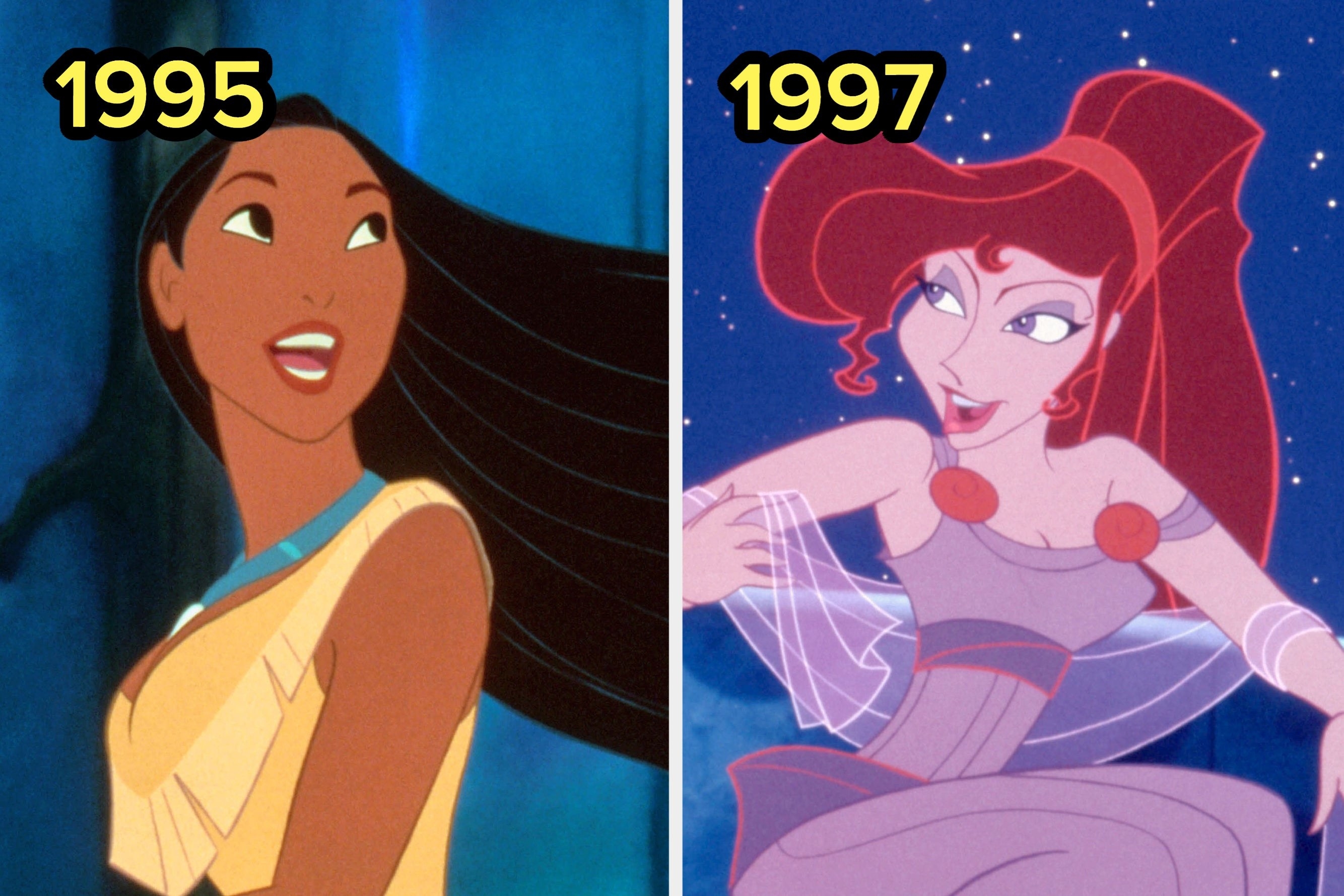 On the left, Pocahontas labeled 1995, and on the right, Meg from Hercules labeled 1997