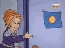 Ms. Frizzle from The Magic School Bus twirls in a dress with weather patterns on it. A cloud and lightning bolts on the dress light up when she moves