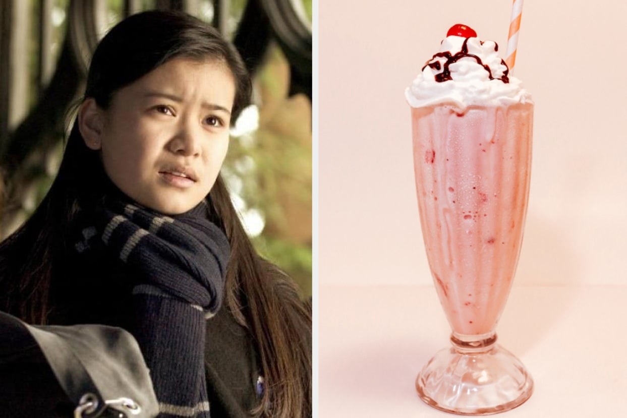 On the left, Cho Chang from Harry Potter, and on the right, a strawberry milkshake