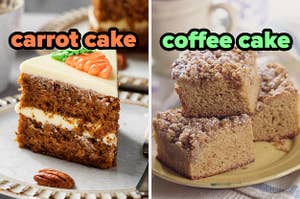On the left, a slice of carrot cake, and on the right, some slices of coffee cake