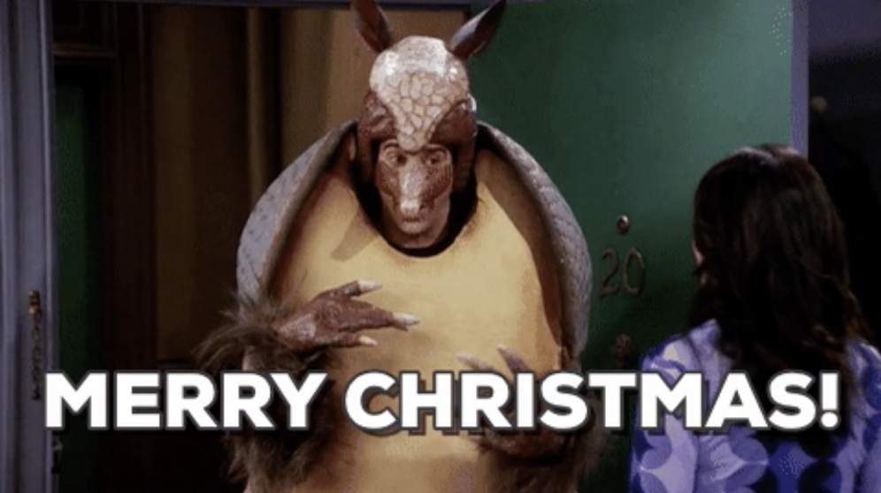 Ross from &quot;Friends&quot; in his holiday armadillo suit wishing a Merry Christmas