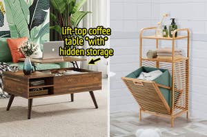 coffee table with lift top holding a laptop showing storage underneath / bamboo storage shelf in bathroom with hamper compartment open