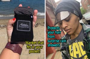 pocket blanket on the left and hairbrella on the right