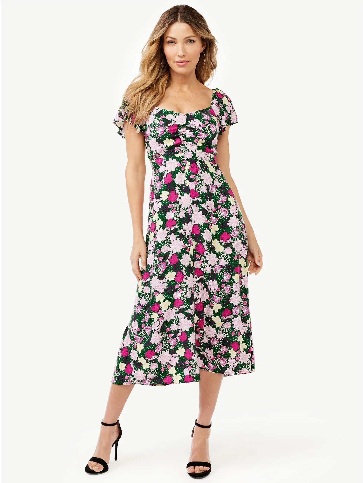 Model wears floral dress