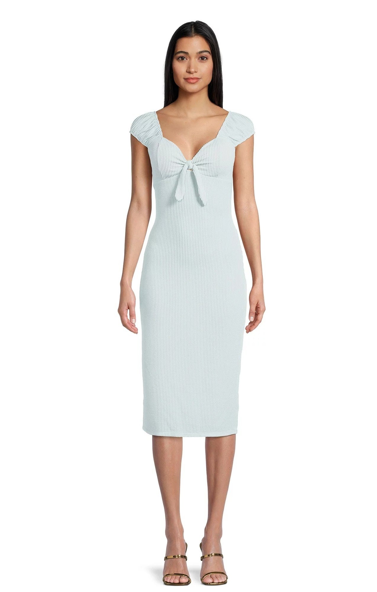Model wears a midi with a tie in the front