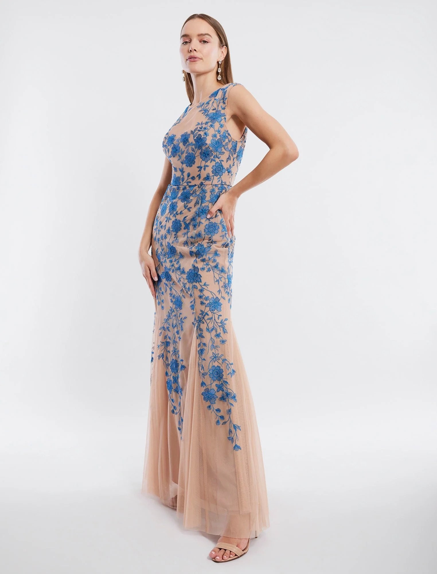 blue and tan sheer floral lace evening gown