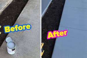 L: a reviewer photo of a concrete sidewalk labeled "before", R: a reviewer photo of the same sidewalk with a fresh coat of gray paint applied and text reading "after"
