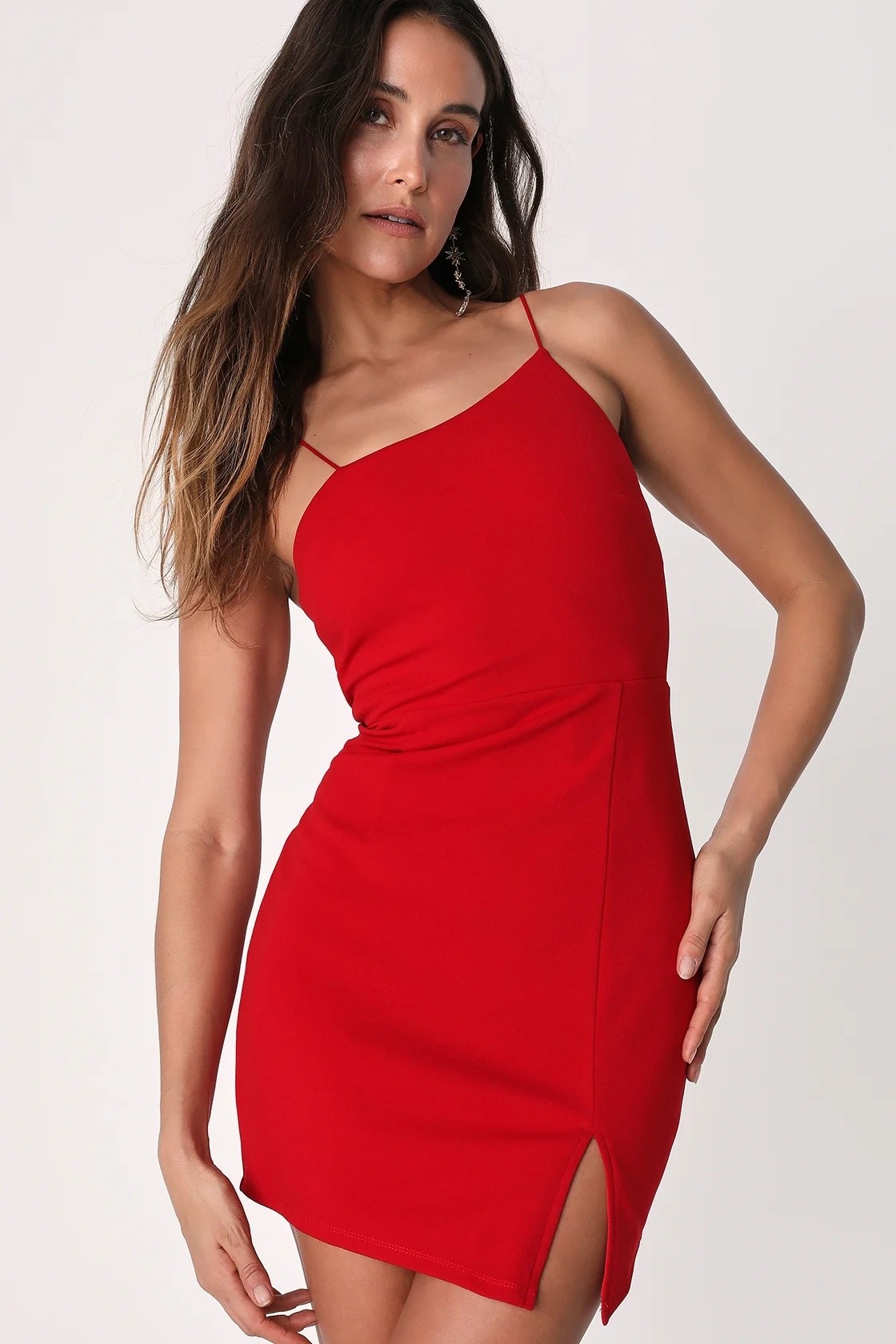 A model wearing a red dress