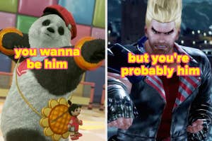 two separate images of "tekken" game characters: on the left is a panda dabbing, on the right is paul who has tall hair with a flat top and a leather jacket, furrowing his brows