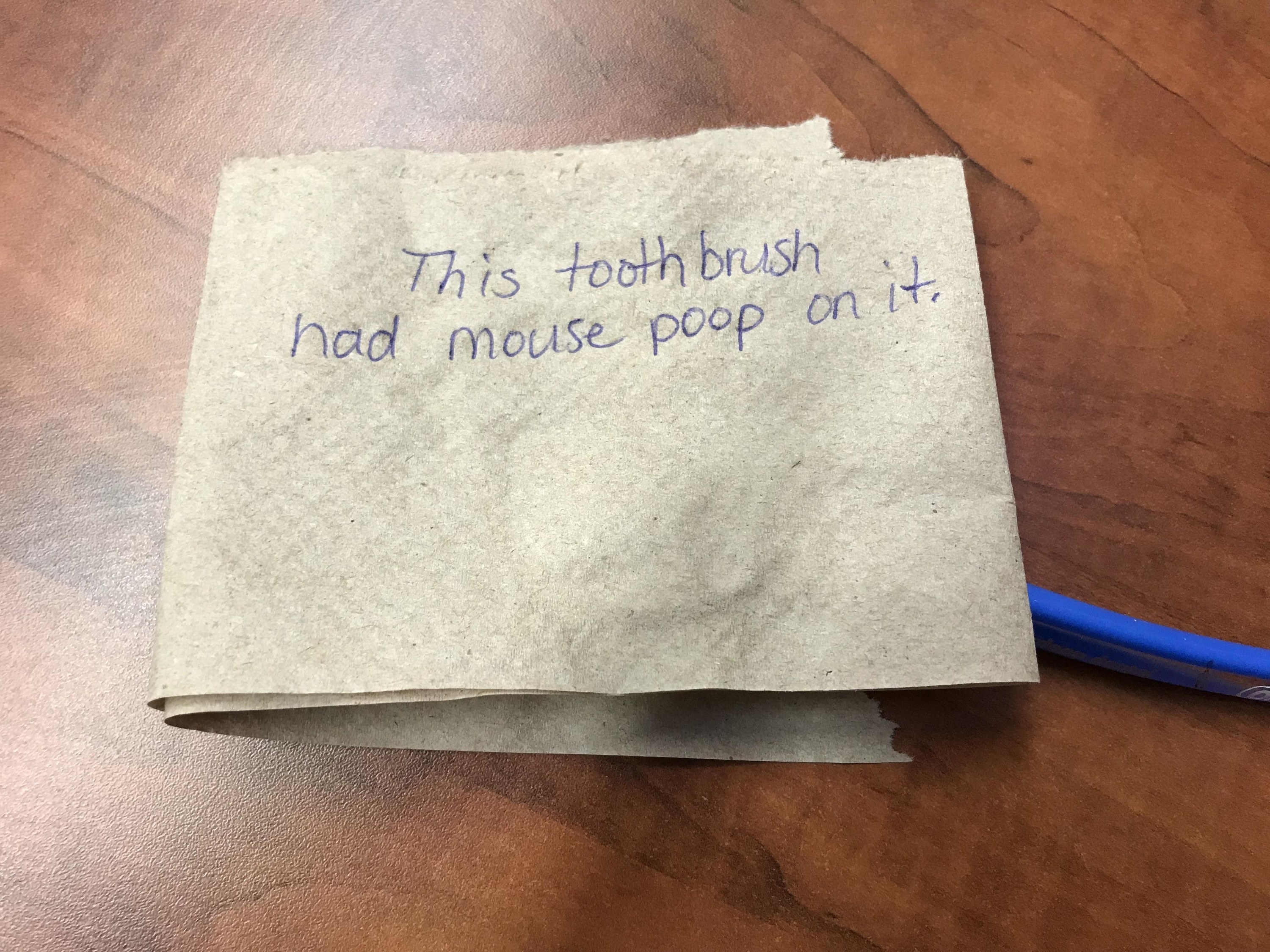 Note about a cleaner finding mouse poop on a toothbrush