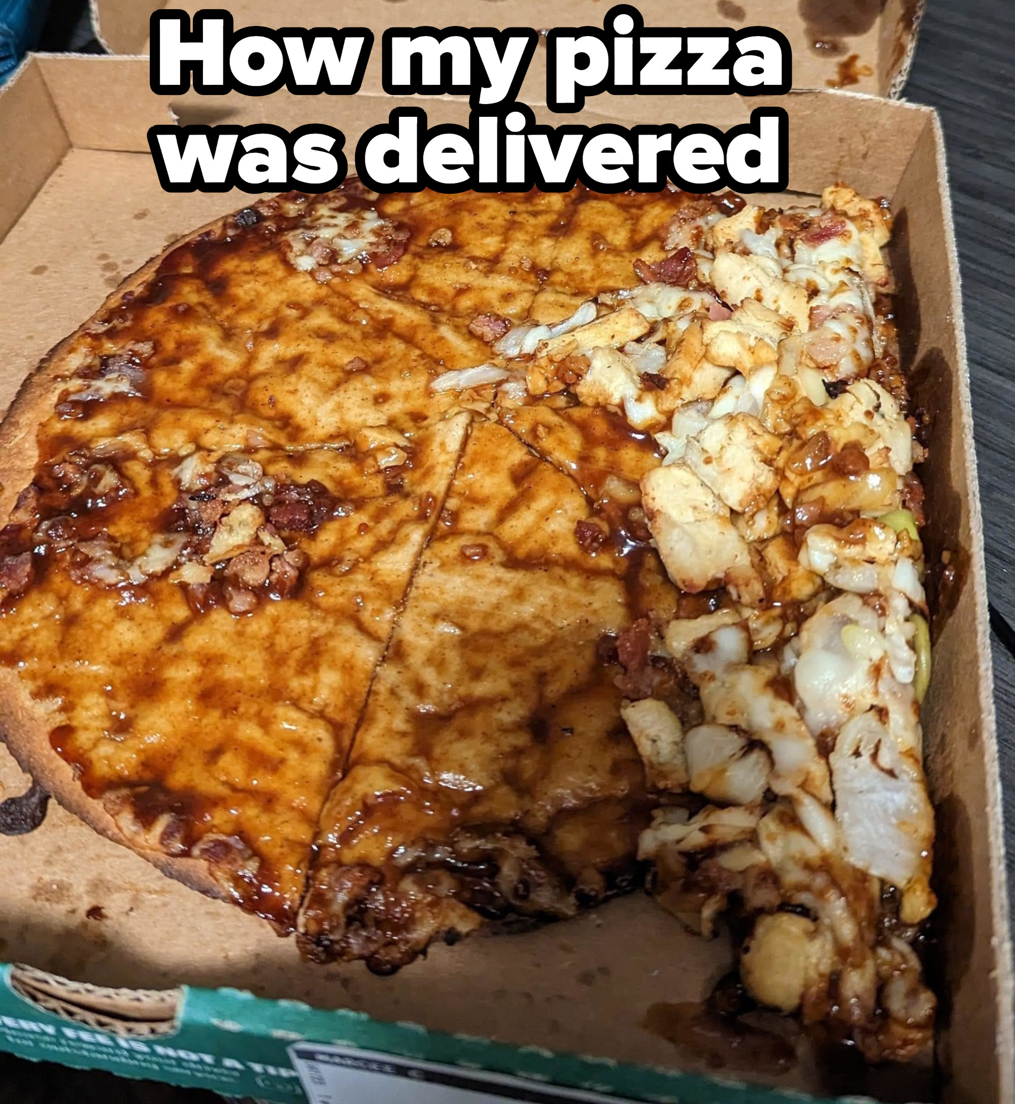 Pizza delivered with all the cheese and toppings off the pie
