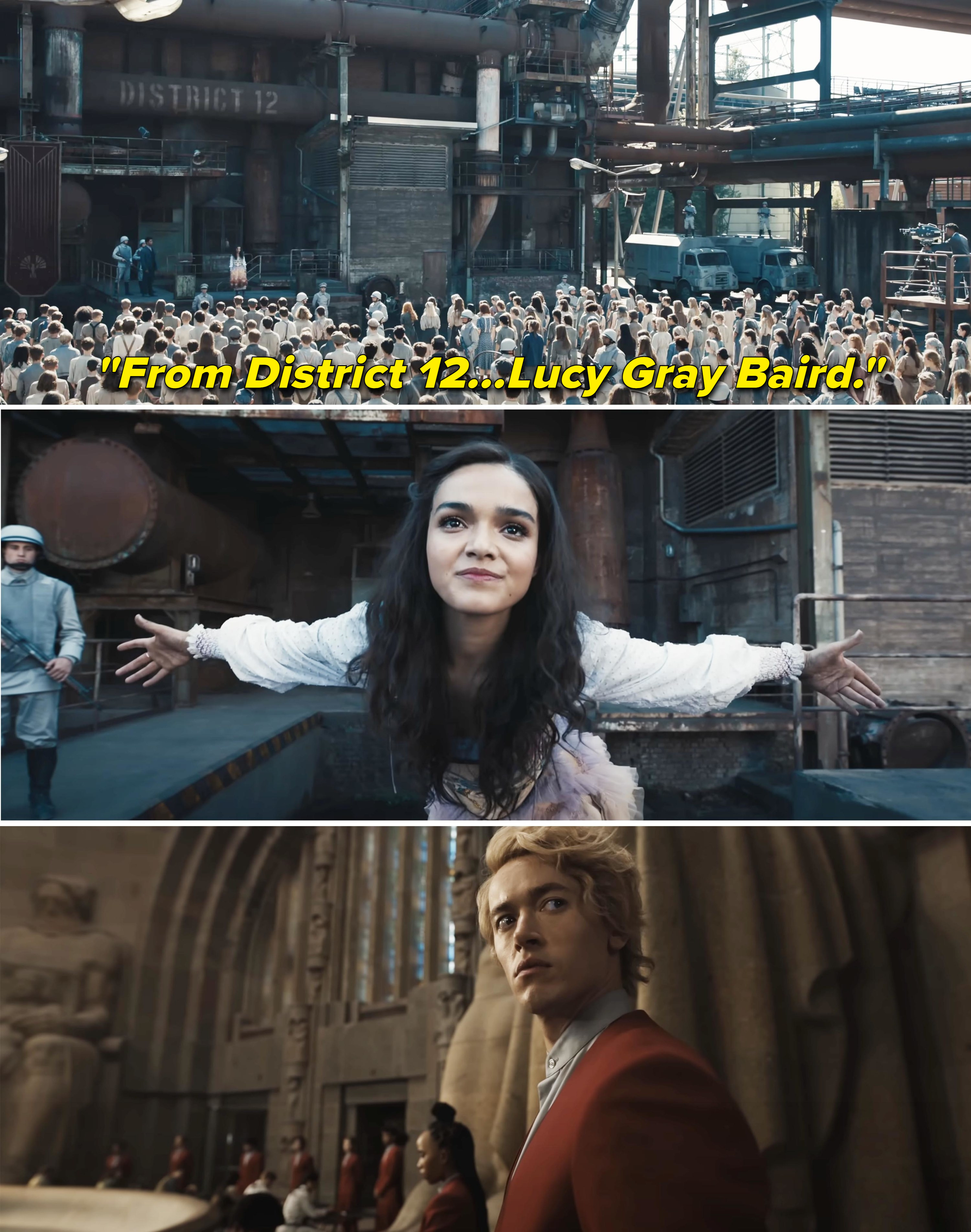 Lucy bowing while someone announces, "From District 12, Lucy Gray Baird"