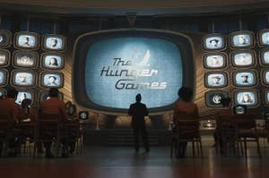 A TV displays The Hunger Games