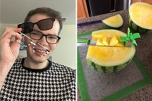 A person wearing glasses and holding up additional magnetic frames/A tool being used to cute watermelon into cubes a easily