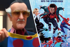 Stan Lee in Big Hero 6 and Into the Spider-Verse cover.