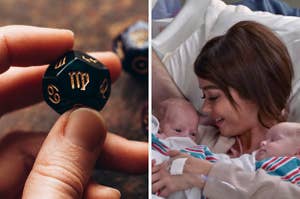 On the left, a cube with a Virgo symbol on it, and on the right, Haley from Modern Family holding her twin babies in a hospital bed