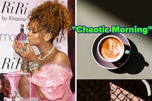 two separate images: on the left is rihanna kissing a bottle of perfume, next to a latte