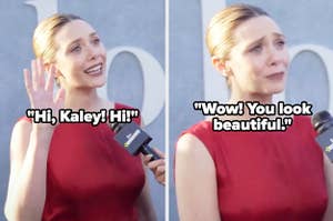 Elizabeth Olsen saying hi to Kaley Cuoco and saying she looks beautiful