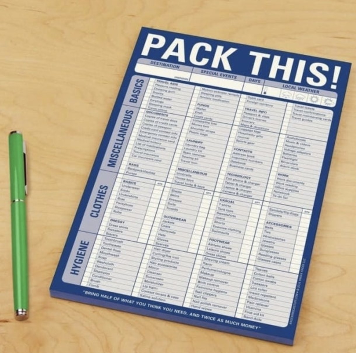the packing checklist next to green pen