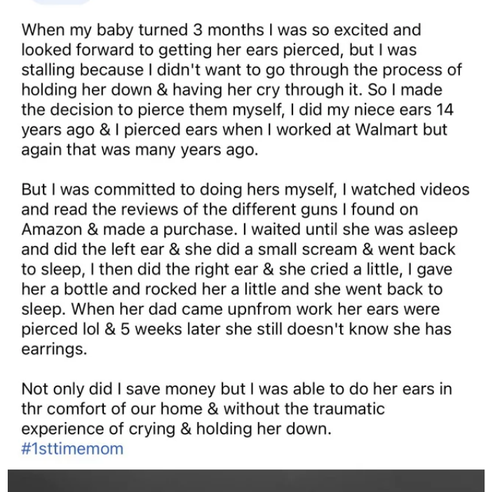 Mom who wanted her 3-month-old's ears pierced but didn't want to take her to a store bought a gun online and pierced them while her child was asleep — the child only "did a small scream"