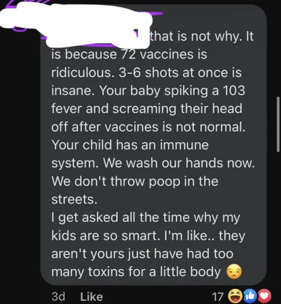 Parent who says kids are given too many vaccines is asked all the time why their kids are so smart, and they say they aren't, the other parents' kids "just have had too many toxins for a little body"