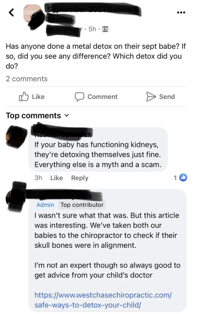 Parent has taken both of their babies to the chiropractor "to check if their skull bones were in alignment"