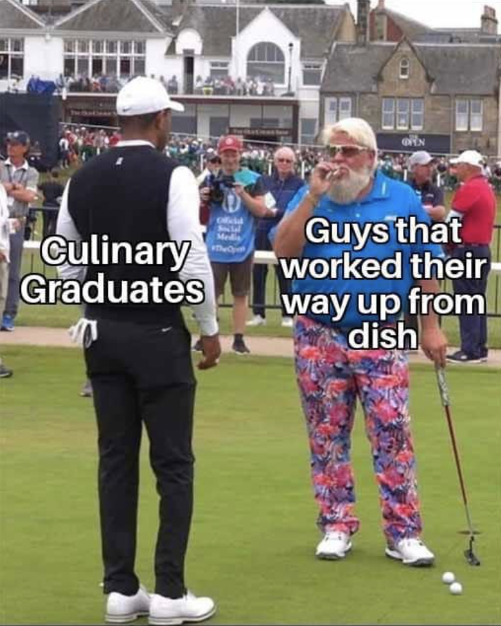 Well-dressed culinary school graduates vs more casual "guys that worked their way up from dish"