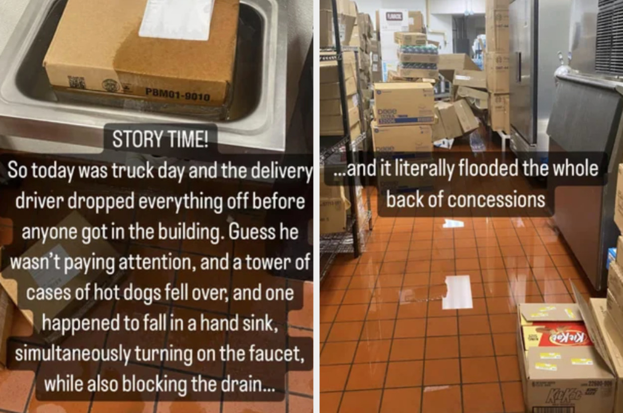 Tower of hot dogs just delivered fell over, and one fell into a hand sink, turned on the faucet, blocked the drain, and flooded the whole back kitchen