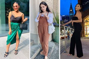 Reviewers wearing the green skirt and linen overalls