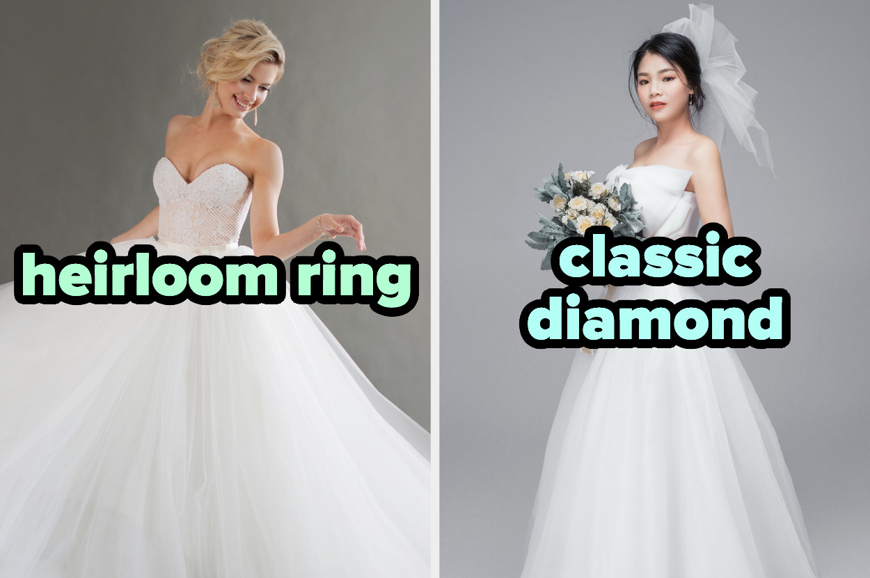 On the left, a bride wearing a strapless ball gown labeled heirloom ring, and on the right, a bride wearing a strapless a-line gown labeled classic diamond
