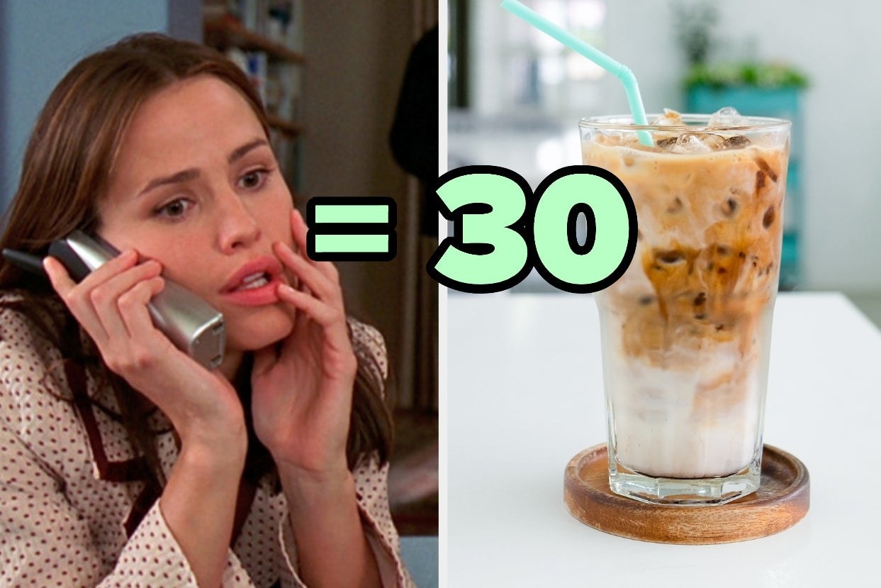 On the left, Jennifer Garner talking on the phone as Jenna in 13 Going on 30, and on the right, an iced coffee with equals 30 typed in the middle