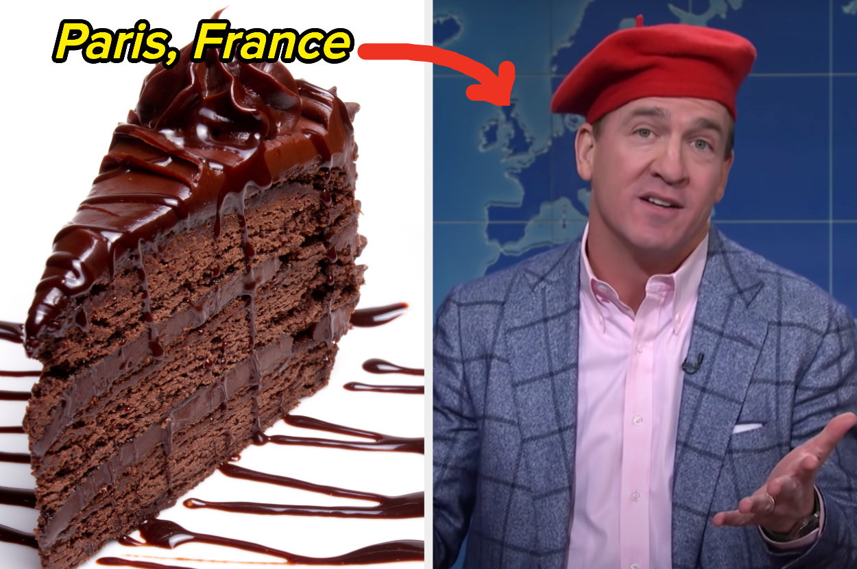 On the right, a slice of chocolate cake with Paris France typed above it and an arrow pointing to the right at Peyton Manning wearing a beret on SNL