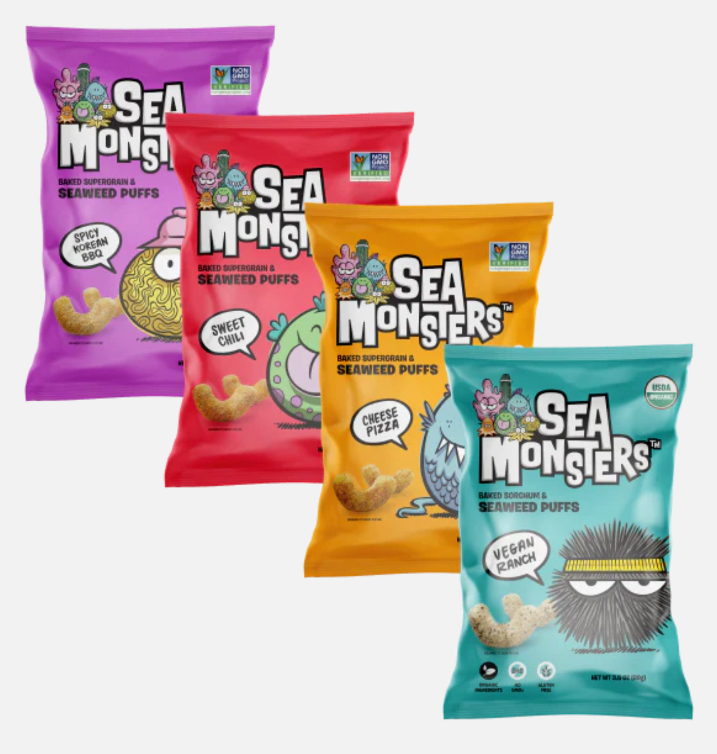 4 packs of Sea Monster seaweed puffs on gray background