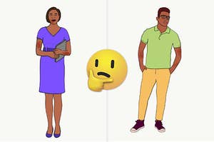 A spit frame of a man and a woman with eczema flare ups and a thinking face emoji.
