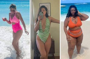 Three images of reviewers wearing swimsuits