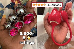 Reviewer holding trio of metal butt plugs and reviewer holding wet red dual-stimulating vibrator