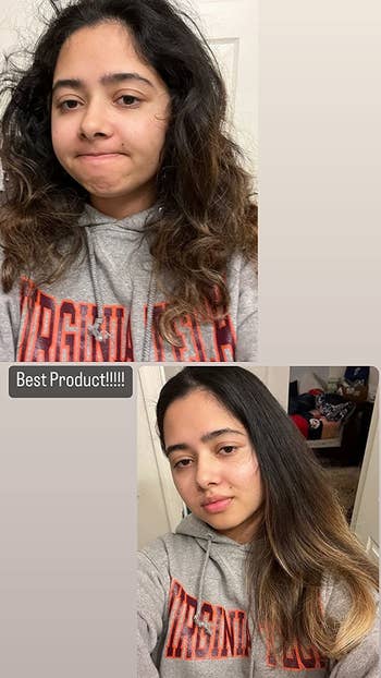 reviewer with frizzy waves before then smooth straight hair after and text 