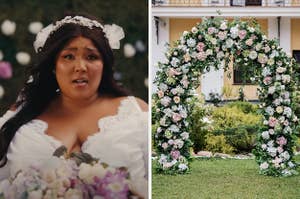 On the left, Lizzo wearing a wedding dress in the 2 Be Loved music video, and on the right, a floral wedding arch outside